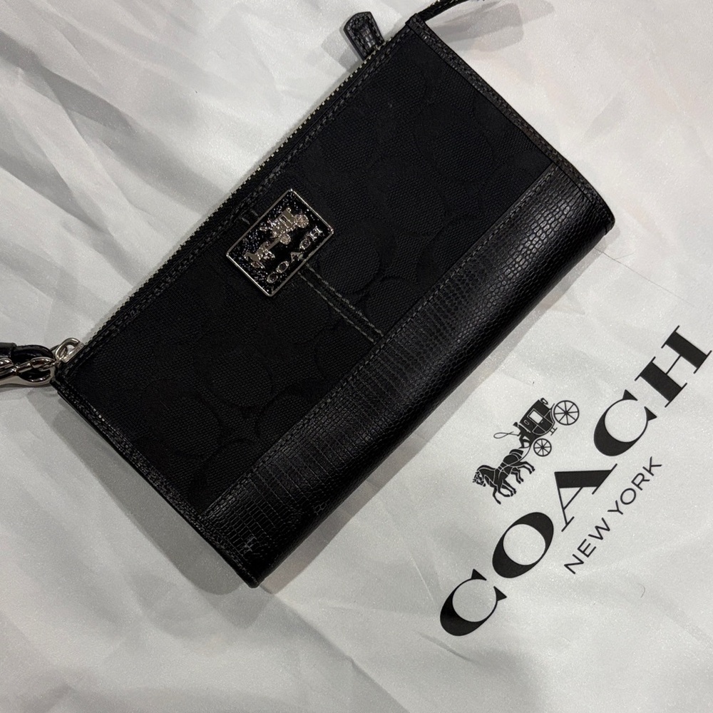 Coach Black Signature Zip Wristlet with Textured Trim
